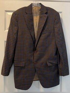 Hart Schaffner Marx 100% Wool Brown Plaid Sport Coat with Blue Windowpane, 41R